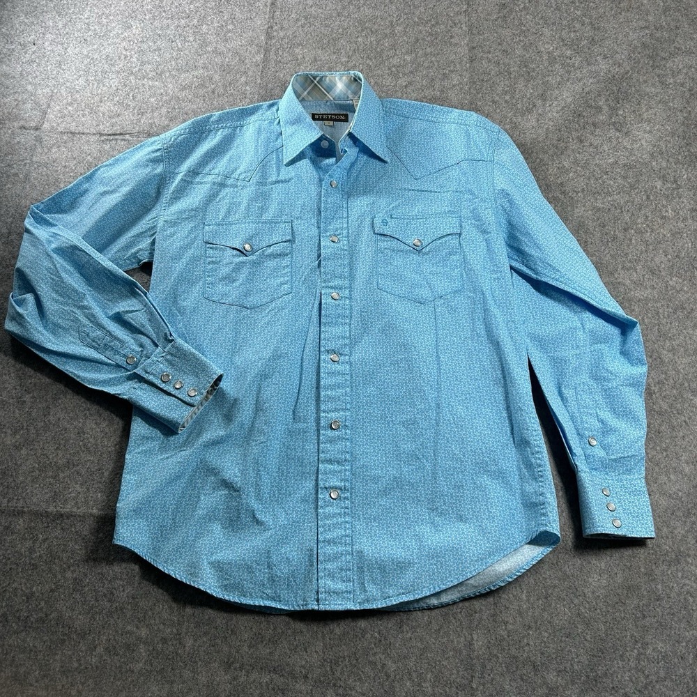 Stetson Shirt Mens Small Blue Geometric Western Pearl Snap Rodeo Cowboy Ranch